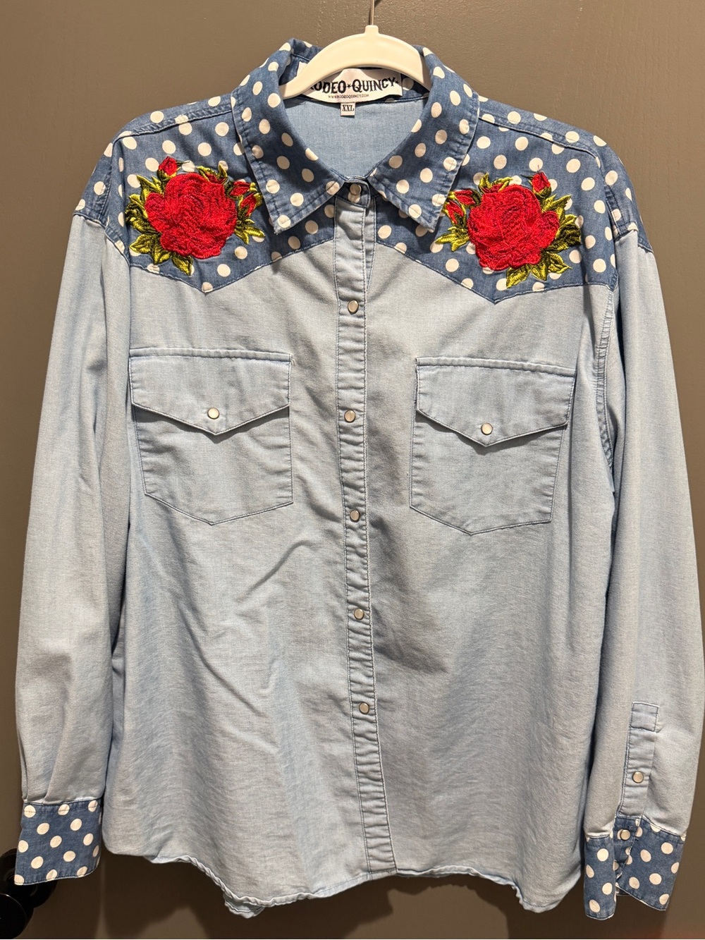Rodeo Quincy Country Rose  Button-Down Shirt with Red Rose Embroidery